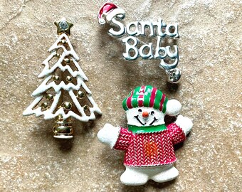 Vintage Christmas Holiday Brooch Collection: Santa Baby Sign, Christmas Tree & Snowman, #25