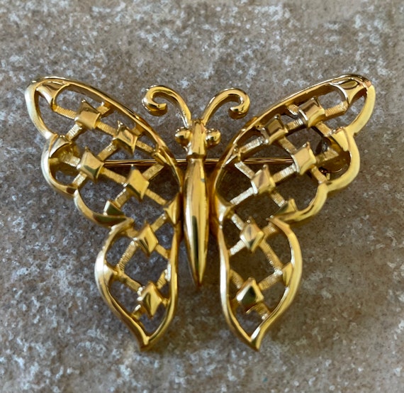 Crown Trifari Gold Tone Butterfly Brooch, Vintage… - image 1