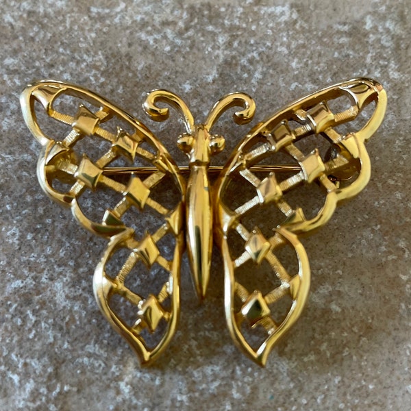 Crown Trifari Gold Tone Butterfly Brooch, Vintage Cut Out Design