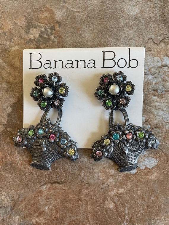 Banana Bob Flower Basket Pierced Earrings, Vintag… - image 1