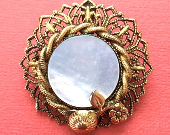 Vintage Mother Of Pearl Brooch: Gold Tone Filigree Convertible Pendant #40