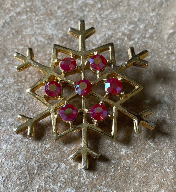 Vintage Snowflake Brooch, AB Red Rhinestones, Gold
