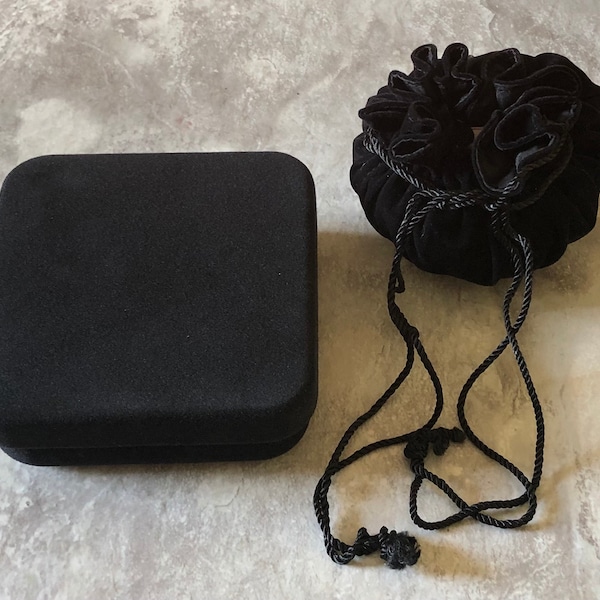 Black Velvet Presentation Box with Pouch, Velvet Pouch With Drawer String Closure Inside A Black Jewelry Case, 2 PIECE SET, LOT 77