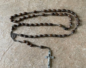 Vintage Olive Wood Rosary, Silver Tone and Brass, 21 Inches Long         ITEM # 8