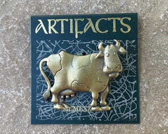JJ Bronze Cow Brooch, Vintage 1986, Jonette Jewelry Artifacts Line #6
