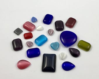 Cat's Eye Cabochons, Vintage Glass Cabs, Assorted Shapes and Sizes 21 Total Pieces