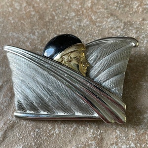 Vintage JJ Art Deco Lady Brooch, Silver and Gold Tone With Black Enamel, Brushed and Shiny Silver, 62MM x 36MM