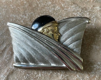 Vintage JJ Art Deco Lady Brooch, Silver and Gold Tone With Black Enamel, Brushed and Shiny Silver, 62MM x 36MM