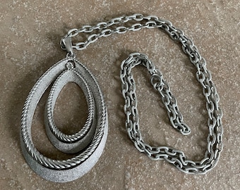 Crown Trifari Silver Tone Necklace with Pendant, 1970s, Articulated Two Teardrop Design, Necklace Length Totals Over 26 Inches
