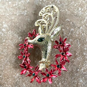 Reindeer Christmas Brooch, Vintage Tancer II, Deer and Poinsettia Wreath XMas Pin #49