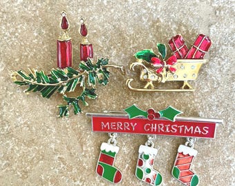 Vintage Xmas Brooch Collection: Sleigh Candles & Merry Christmas Sign, LOT # 6