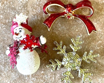Vintage Christmas Brooch Collection: Snowman Red Bow & Snowflake #39
