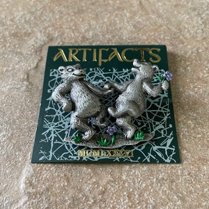 JJ Jonette Dancing Bears Brooch, Vintage  Pewter Tone with Green and Purple Enamel                                 # 3