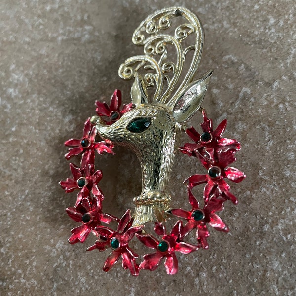 Reindeer Christmas Brooch, Vintage Tancer II, Deer and Poinsettia Wreath XMas Pin