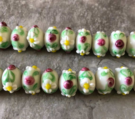 Lampwork Focal Bead Flower Beads Pink Flower Flat Round 20mm 5 pcs US seller