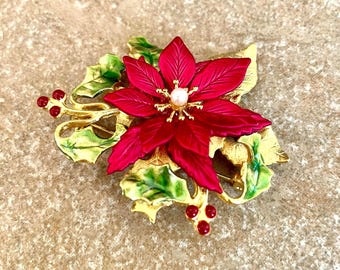 Vintage KC Poinsettia Flower Christmas Brooch: Kenneth Cole 1980s #53