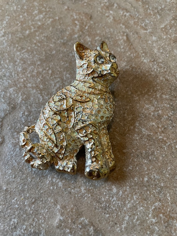 Cat Brooch Pendant Combo, Gold Tone with White En… - image 1
