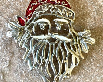 Unsigned Vintage Santa Claus Brooch, Pewter Tone, Enamel & Rhinestones #23