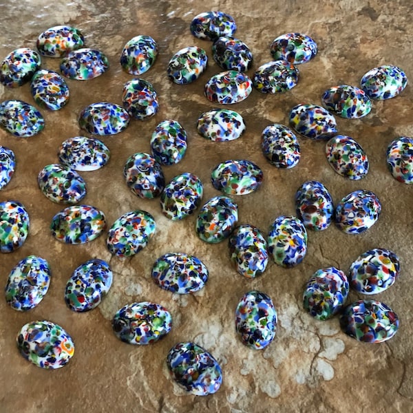 Speckled Glass Cabochons, Art Glass Cabs, Millifiori Splatter, 18MM x 13MM Oval, Vintage, Domed, 50 Pieces