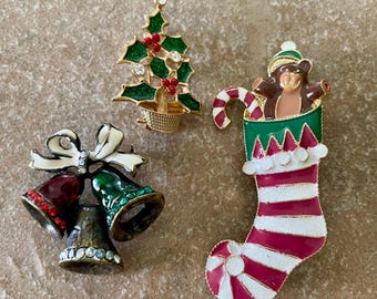 Christmas Pins Vintage Collection, Stocking Xmas Tree and Bells #28