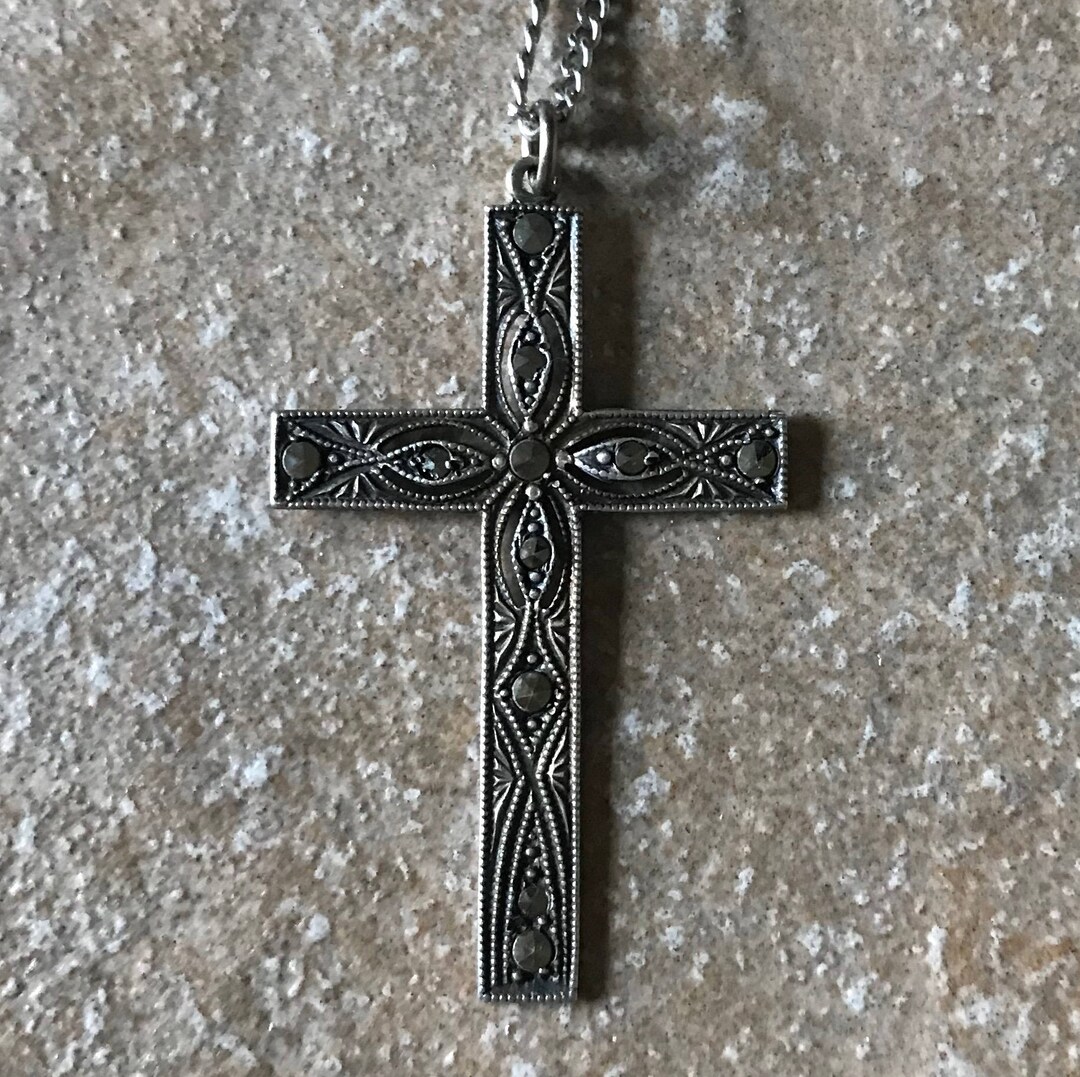 Sterling Marcasite Cross Pendant, Sterling Pendant Chain, 22 Sterling Marcasite Cross Pendant, Sterling Pendant Chain, 22
