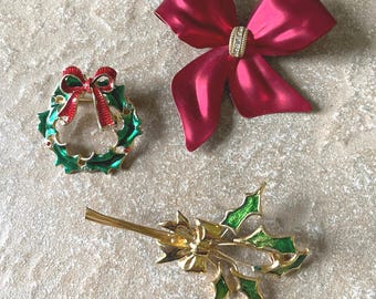 Vintage Christmas Brooch Lot: Red Bow, Holly Wreath, Holly Leaf Pins #2