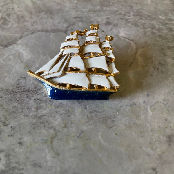 Vintage Sailboat Pin, Clipper Ship, Enameled Nautical Boat Brooch, NOS, Gold Top Sails, Blue White Gold Tone