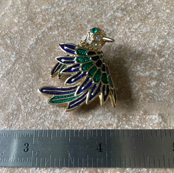 Vintage Enamel Rhinestone Bird Brooch, Blue and G… - image 6
