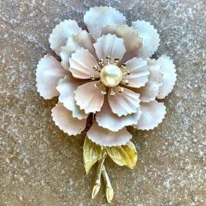 Coro Vintage Pearl Flower Brooch, Pink & Yellow Enamel #40