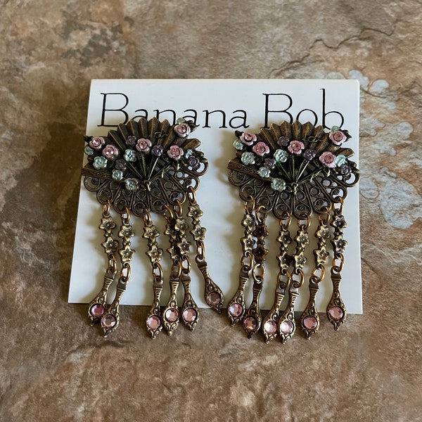 Vintage Banana Bob Fan Dangle Pierced Earrings, NOS, 1980s