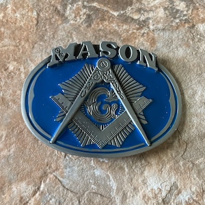 Vintage Masonic Belt Buckle: 1980s Pewter with Blue Enamel