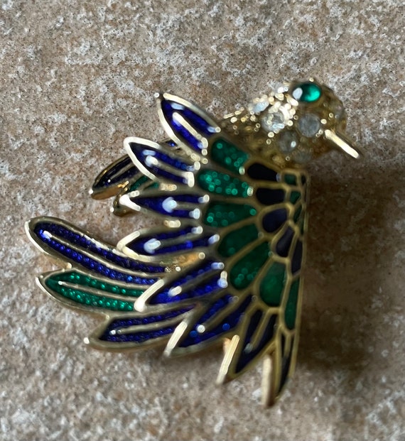 Vintage Enamel Rhinestone Bird Brooch, Blue and G… - image 4