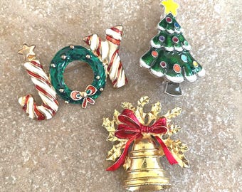 Enameled Christmas Brooch Collection: Xmas Tree Holiday Bell & Joy Sign, # 21