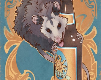 Opossum With Beer 11x14 Art Nouveau Possum Oberon Beer Print