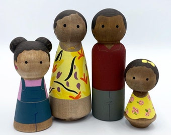 FAMILY OF FOUR -- Custom Hand-Painted Peg Doll Family of Four - Peg Dolls - Wooden Dolls