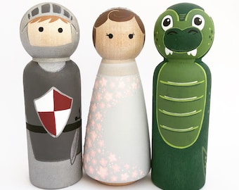 Princess, Knight and Dragon Peg Doll Set