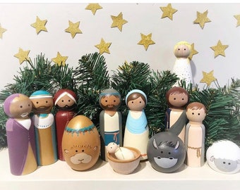 Peg Doll Nativity - Wood Nativity - Handpainted Nativity