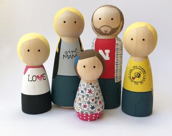 Family of Five -- Custom, Hand painted Peg Dolls -- Wooden Dolls