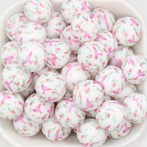 15mm Bird and Floral Printed Beads, Flying Bird Silicone Beads, Round Bubblegum Beads, Beads for Pens #S122