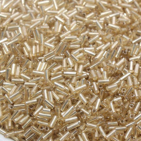 Tube Shape Glass Seed Beads, Gold Tube with Silver Lined Bugle Beads, Size 4mm Beading Supplies #2753