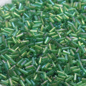 Tube Shape Glass Seed Beads, Green AB Tube Bugle Beads, Iridescent Tube Glass Beads, Size 4mm Beading Supplies #2765