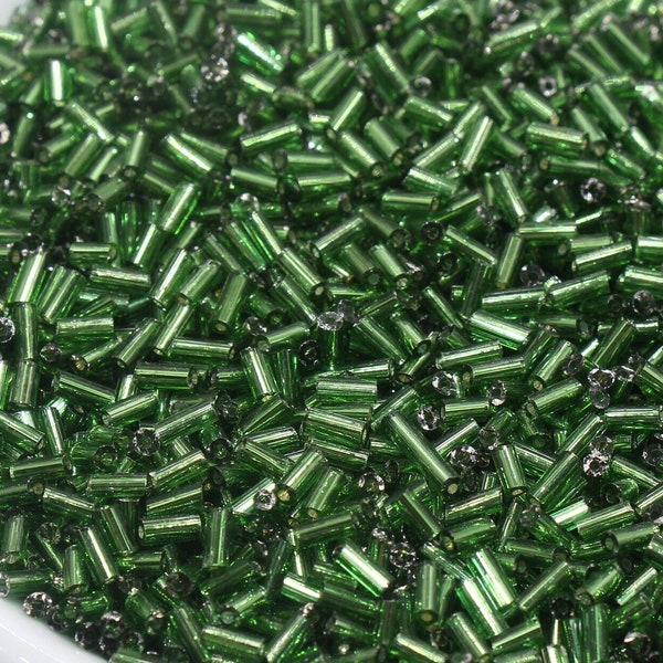 Tube Shape Glass Seed Beads, Green Tube with Silver Lined Bugle Beads, Size 4mm Beading Supplies #2755