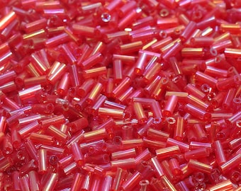 Tube Shape Glass Seed Beads, Red AB Tube Bugle Beads, Iridescent Tube Glass Beads, Size 4mm Beading Supplies #2761