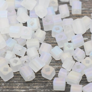 Matte Square Glass Seed Beads, 4mm Cube Glass Beads, Frosted White AB Square Seed Beads,  Iridescent Glass Beads, Beading Supplies #2101