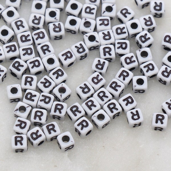 Letter R Cube Beads, White and Black Cube Alphabet Letter Beads, Black Acrylic Letter Beads, Acrylic Square Name Beads, Size 4.8mm