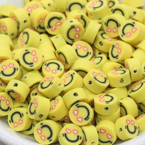 Emoji Polymer Clay Beads, Emoji Fimo Cane Beads, Heart-Shaped Eyes Emoji Beads, Smiley Face Beads, Facial Expression Beads #331