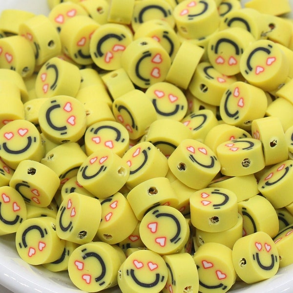 Perles d’argile polymère Emoji, perles de canne Emoji Fimo, perles Emoji yeux en forme de cœur, perles de visage souriant, perles d’expression faciale #331