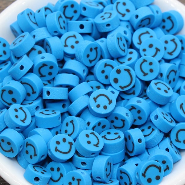 Perles d’argile polymère Smiley Face bleues, perles de canne Fimo Smiley Face, perles Emoji Happy Face, perle pour bracelet, fournitures de perles #235
