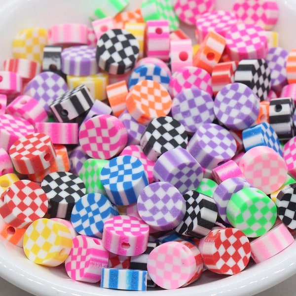 Checkered  Polymer Clay Beads, Assorted Color Round Shape Clay Beads, Loose Beads, Jewelry Beads, Beads for Bracelet #346