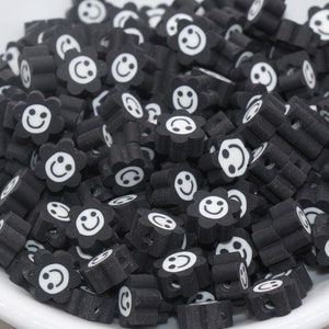Black Smiley Face Polymer Clay Beads, Flower Shape Smiley Face Fimo Cane Beads, Happy Face Beads, Bead for Bracelet  #302